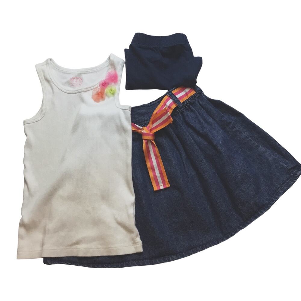 Girls 4T 3 Piece Carter's Outfit White Floral Tank Denim Skirt Navy Shorts